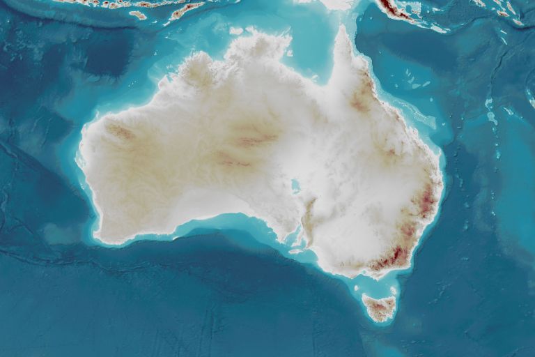 Oblique 3D visualisation of Australia combining topography and surrounding bathymetry to show the transition from land to the seafloor