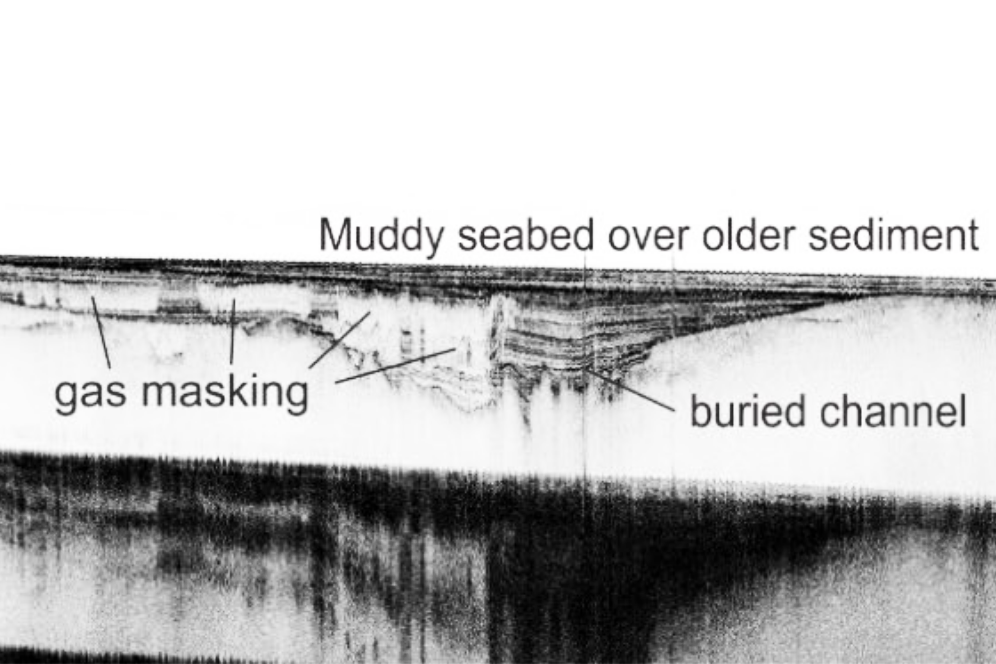 Sub-bottom profiler image showing buried sediment layers, channels and geological structures beneath the seabed