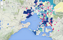 Screen grab of a data visualisation application showing a map of Melbourne overlain with data showing turbidity levels in watercourses compared with number of new buildings by postcode. 