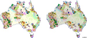 A generalised surface geology of Australia; rocks that are outcropping are shown in the brighter colours while the young cover sediments are shown in yellow and green. Coloured dots show Australia's major known mineral deposits. They are mostly located in areas where there is little or no covering sediment and the prospective geology is exposed. The map on the right has superimposed aeromagnetic data, shown as a greyscale transparency.