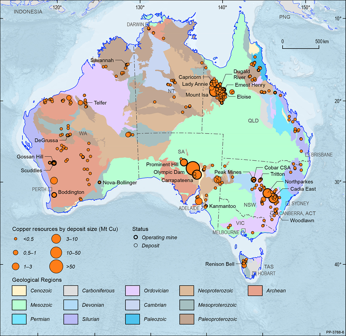 A map showing the Australian continent shaded by the ages of the main geological provinces highlighting the geographical distribution of Australian copper deposits and operating mines in 2019.