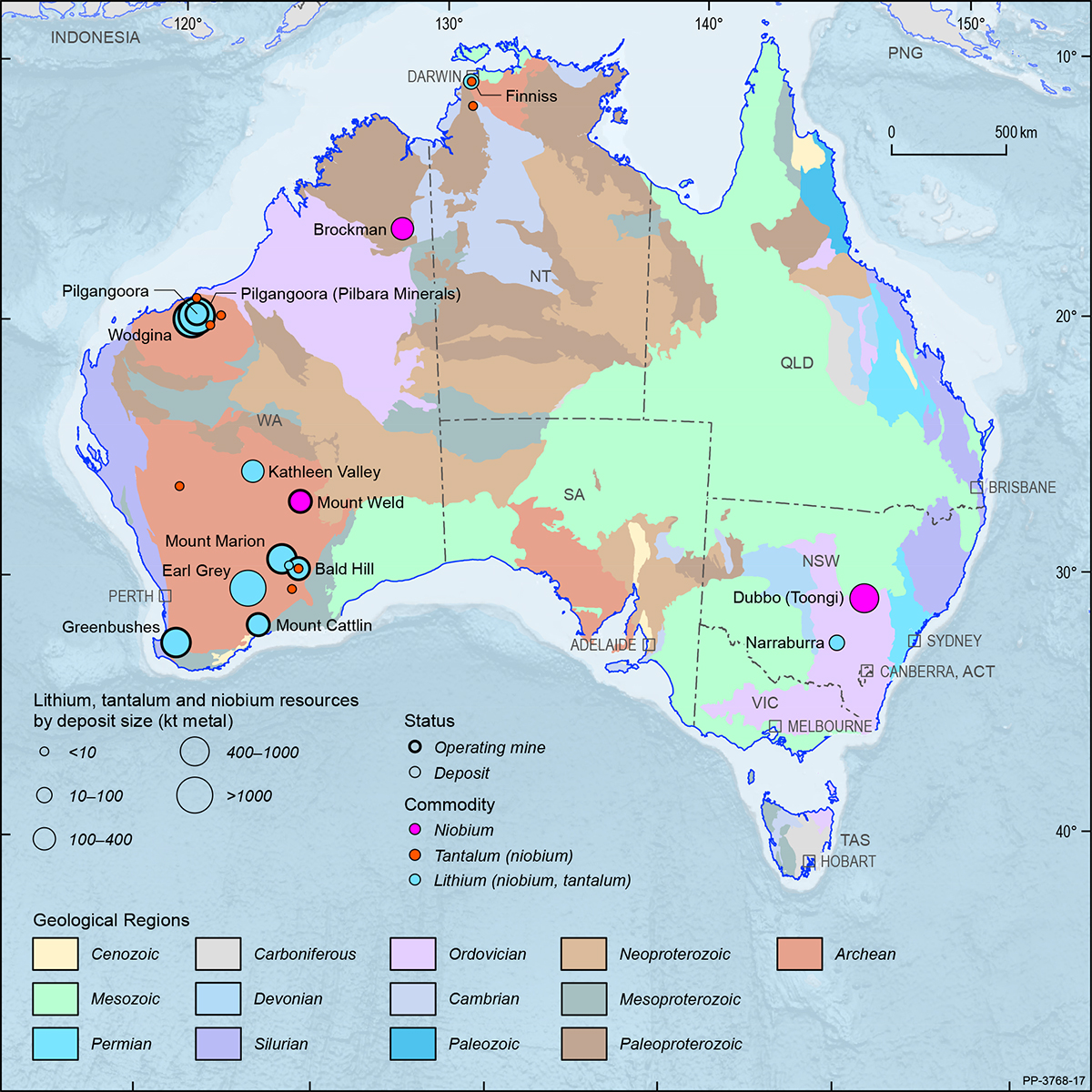 A map showing the Australian continent shaded by the ages of the main geological provinces highlighting the geographical distribution of Australian lithium, tantalum and niobium deposits and operating mines in 2019.
