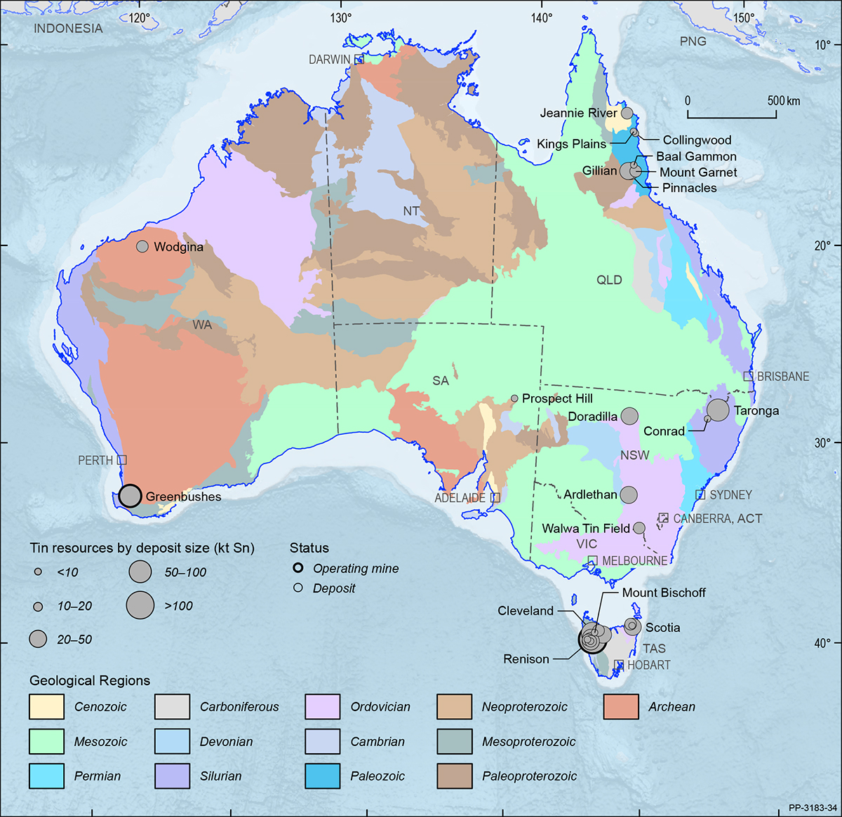 A map showing the Australian continent shaded by the ages of the main geological provinces highlighting the geographical distribution of Australian tin deposits and operating mines in 2019.