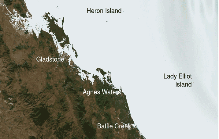 Base map of the central Queensland coastline used in a tsunami simulation, showing Gladstone, Agnes Water, Heron Island and Lady Elliot Island