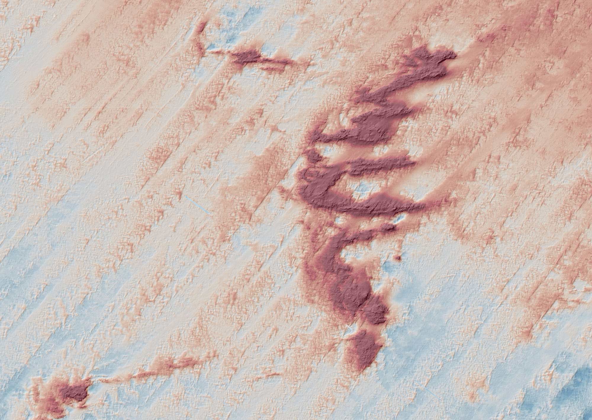 High-resolution shaded relief map showing seabed geomorphology within Beagle Marine Park, highlighting underwater landforms revealed through bathymetric mapping