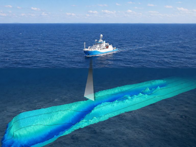 Illustration showing a research vessel collecting multibeam bathymetry data, with a sonar swath mapping the shape of the seabed beneath the ship