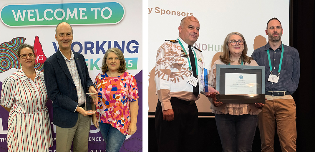 Representatives receive an award recognising the AusSeabed Survey Coordination Tool at a hydrographic industry event