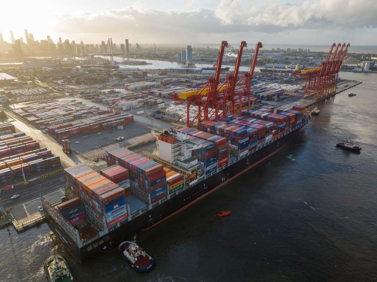 Cargo ship loaded with shipping containers docked at a busy container port