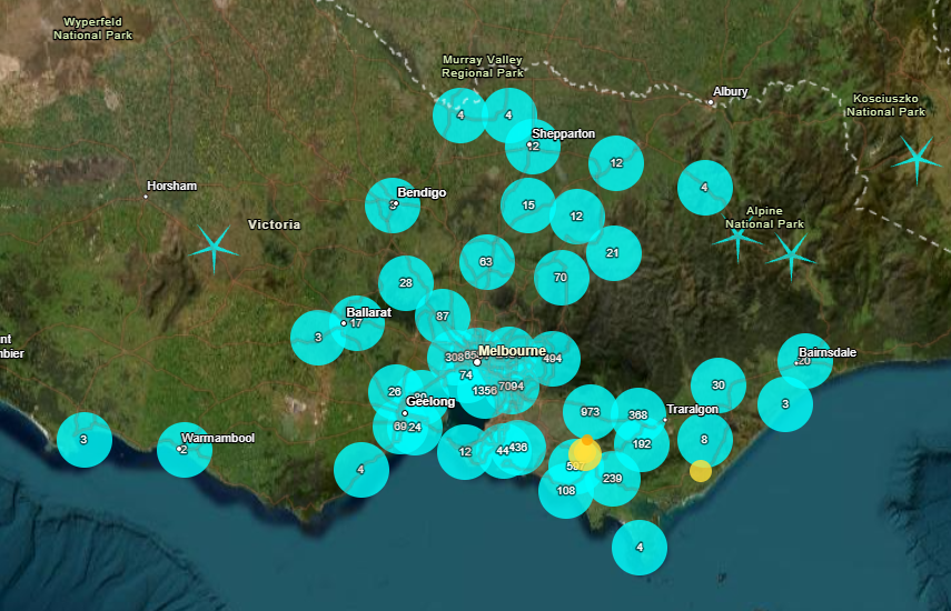 A map of earthquake felt reports in the Leongatha region in Victoria Australia on 3 October 2026