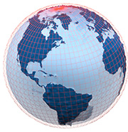 A globe of the Earth showing red reference grid lines