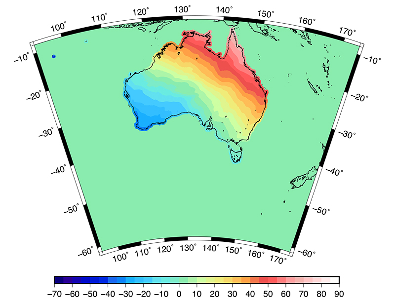 Map of Australia with with colours graduating from blue to green to yellow and red from a south west to north east direction showing the change in ellipsoid to geoid separation of approximately -30 m to +80 m