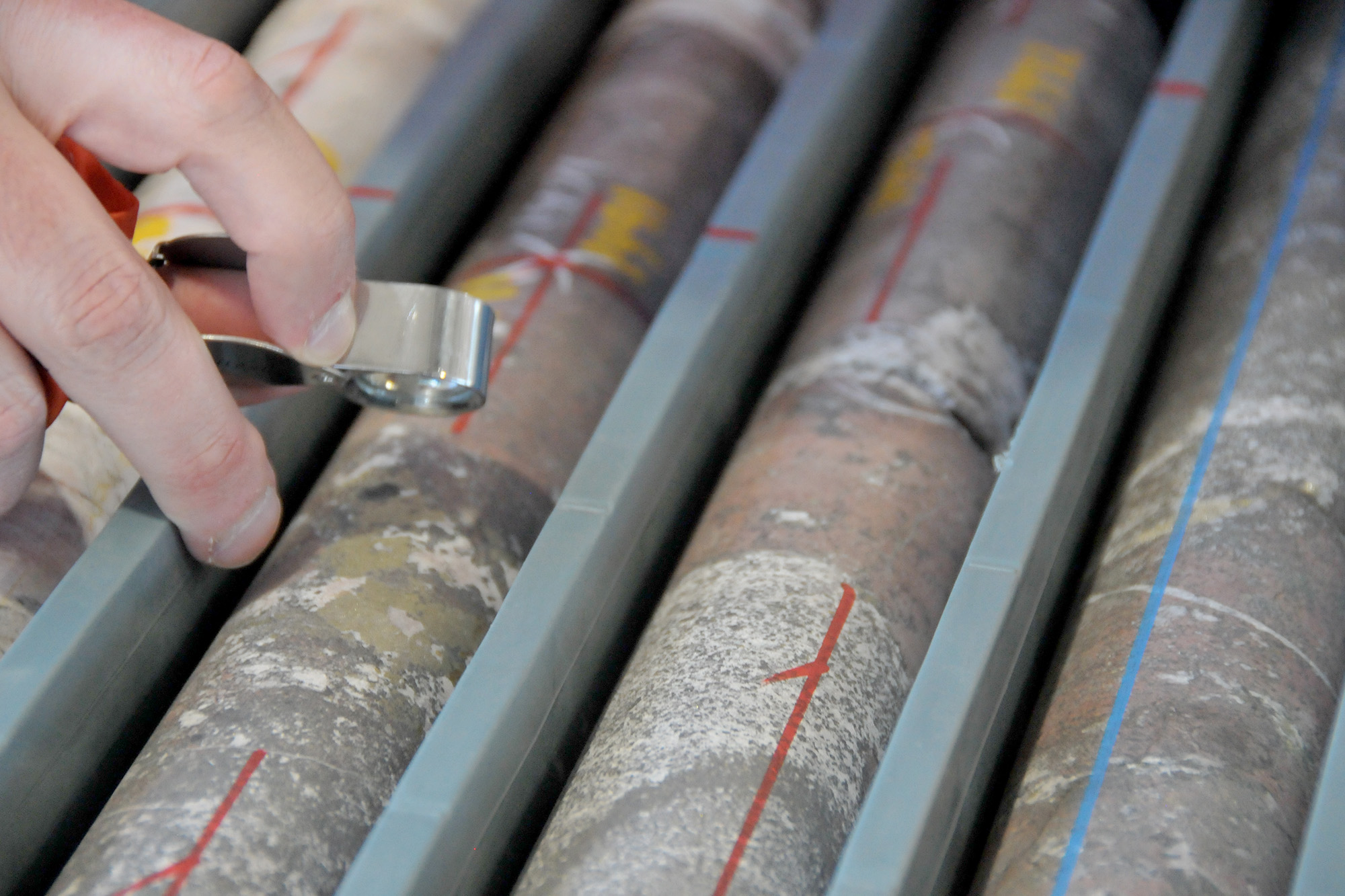 Drill core with copper mineralisation.