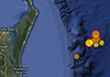 Location map showing three magnitude 5 earthquakes and numerous smaller earthquakes that occurred  between 30 July and 1 August 2015 east of Fraser Island, Queensland