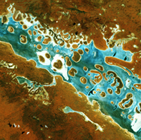 A satellite image of desert and rock features in central Australia.