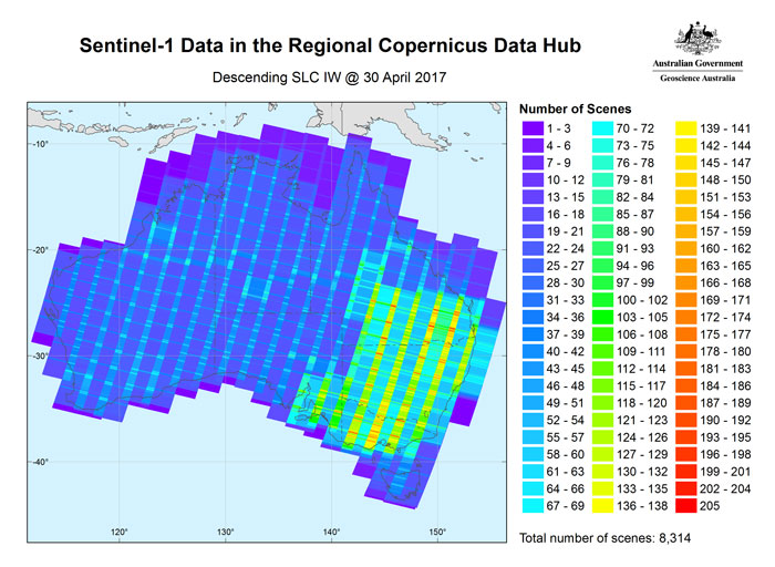 The image shows the coverage and density of Sentinel-1 interferometric wide swath image data in the Copernicus Australia Data Hub for the period October 2014 - April 2017. The majority of these 8314 scenes are located in south-east Australia (55-65 scene density), however coverage over the remaining continent is increasing, with a density of least 15-20 scenes.
