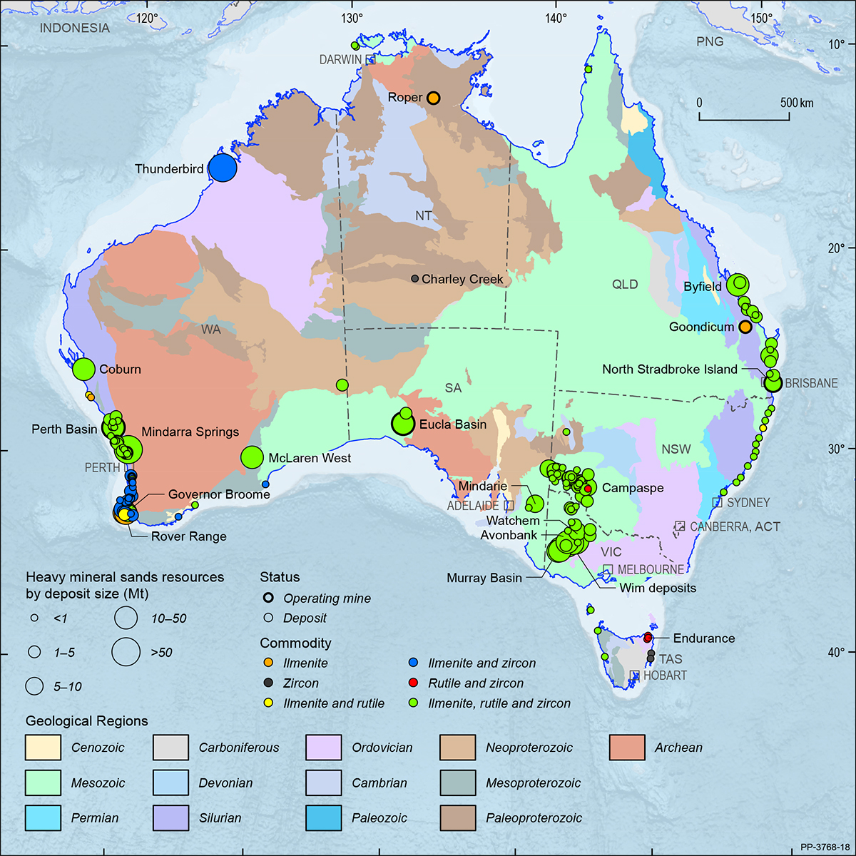 A map showing the Australian continent shaded by the ages of the main geological provinces highlighting the geographical distribution of Australian heavy mineral sands deposits and operating mines in 2019.