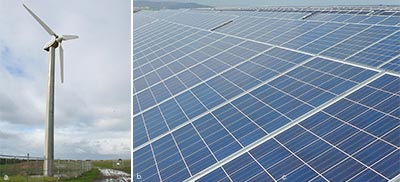 These photographs illustrate the use of critical commodities in evolving energy technologies. Image (a), on the left, shows a wind generator, and image (b), on the right, shows photovoltaic cells in a solar farm. Wind generators are one the major consumers of the rare-earth elements neodymium and dysprosium, which are critical to make the high strength magnets used in electricity generation. Photovoltaic cells use a large variety of critical commodities including cadmium, gallium, indium, selenium and tellurium, among others.