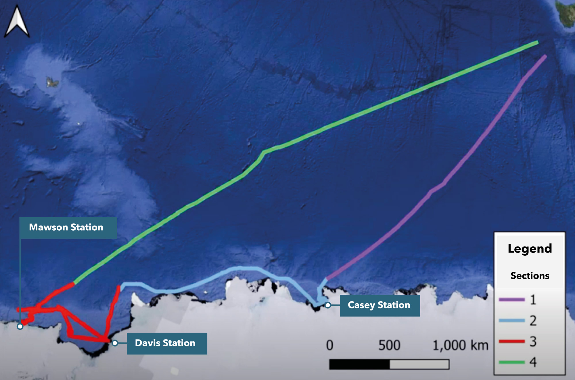 Map showing Antarctic marine survey transects and data collection sections extending from Australia's Antarctic research stations
