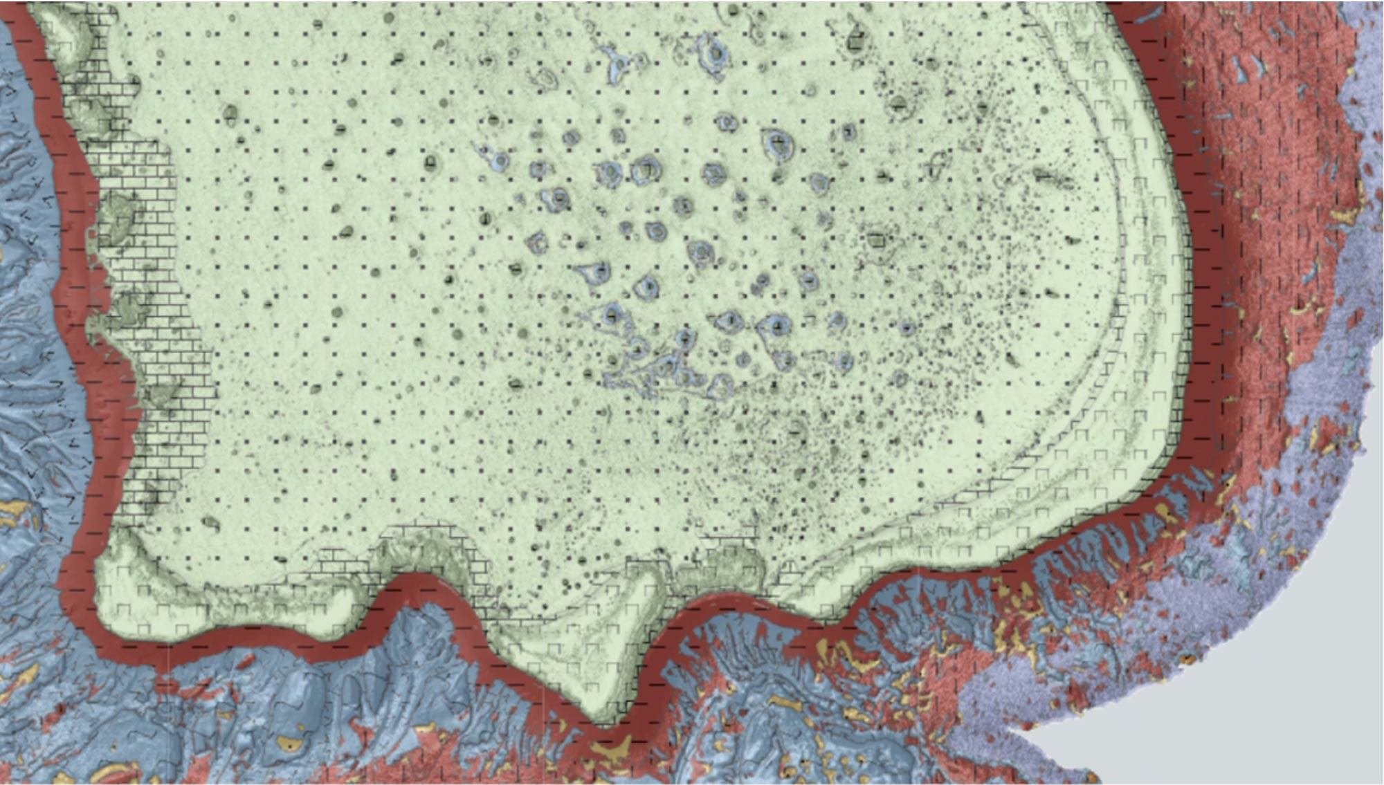 Classified geomorphology map of a reef platform showing distinct seabed landforms and geomorphic zones derived from bathymetric data