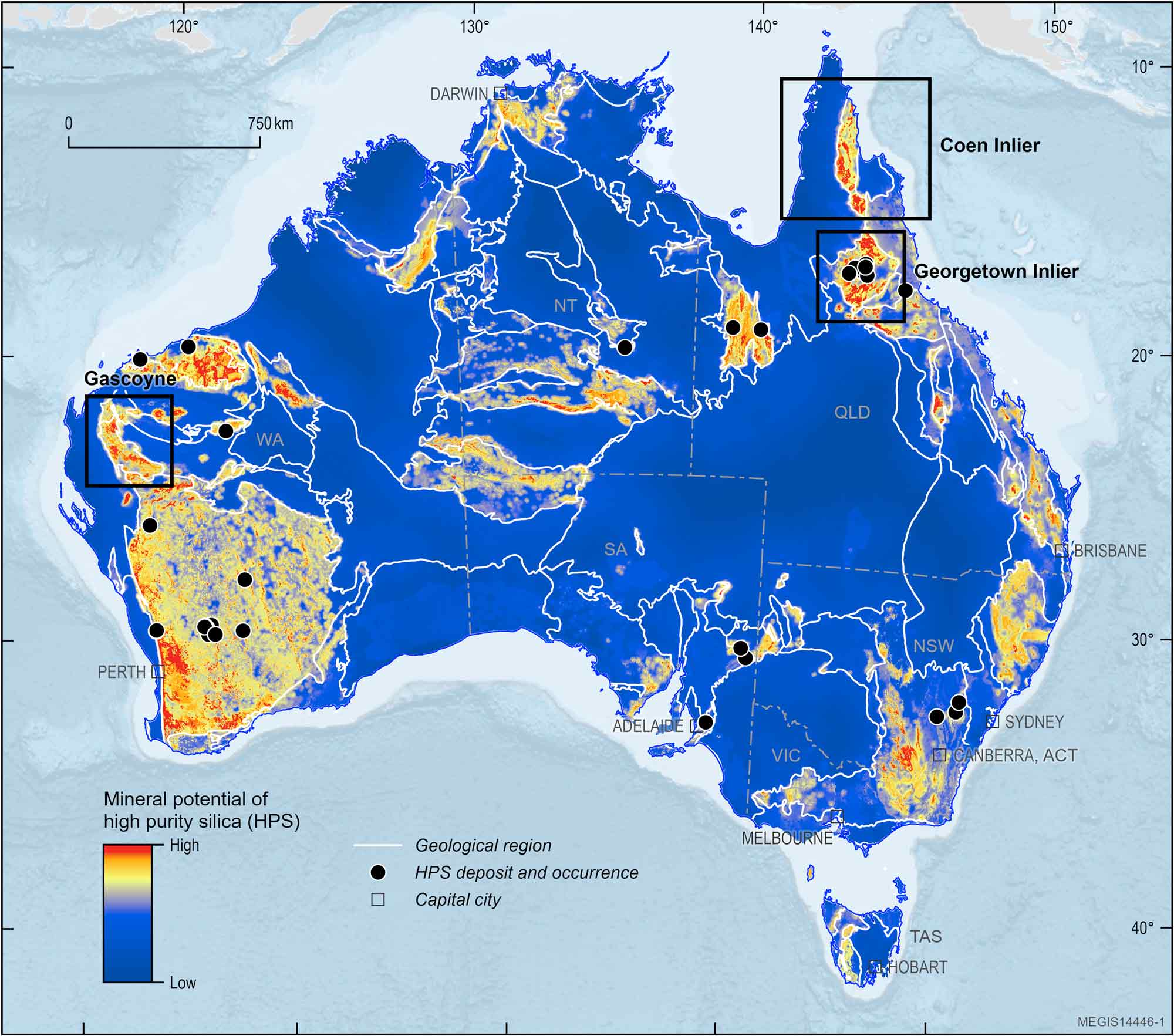 Mineral potential map of Australia showing areas modelled as high potential for high-purity silica, overlaid with geological region boundaries to indicate where these areas occur.