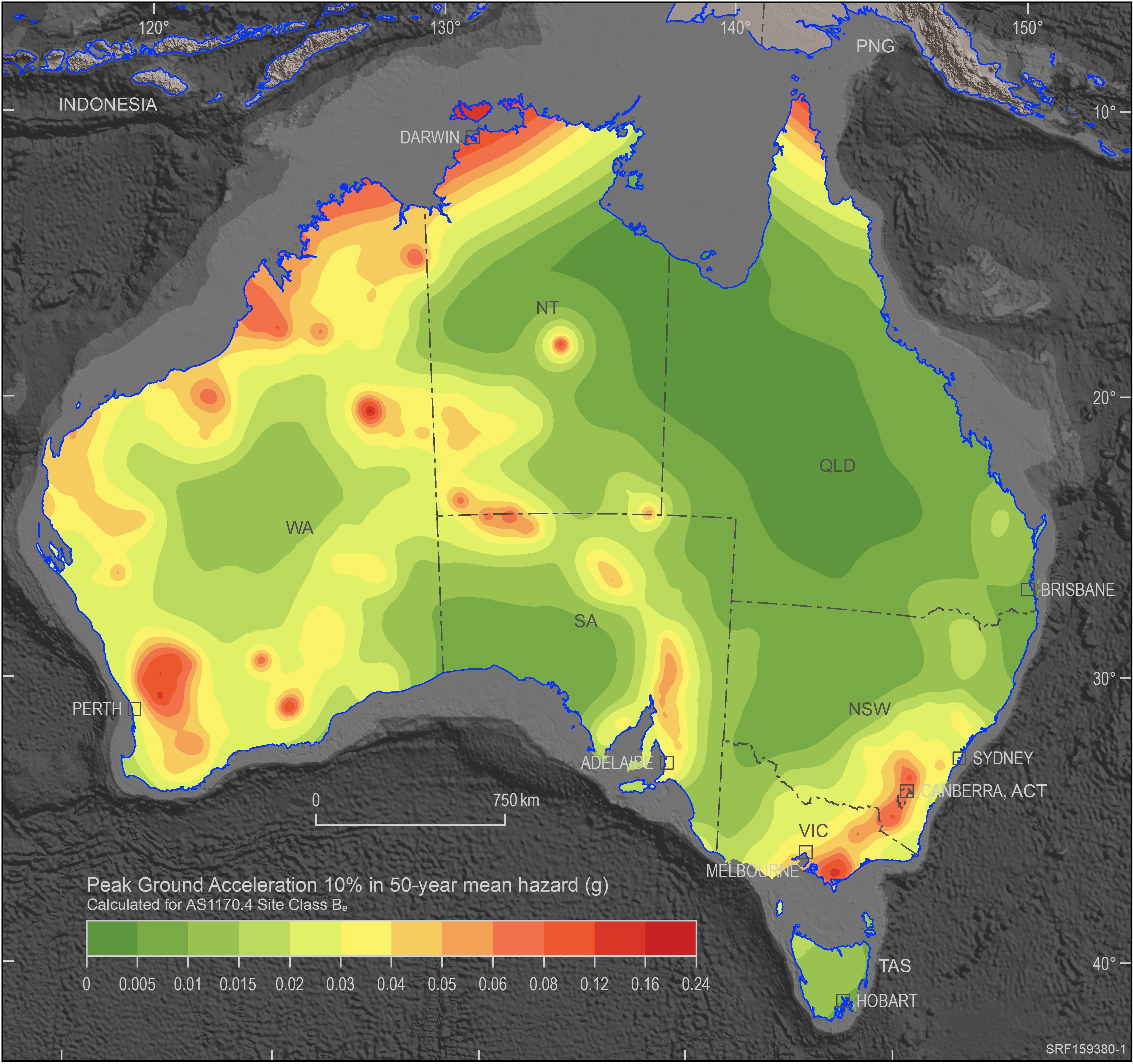 A map Australia from the National Seismic Hazard Assessment displaying peak ground acceleration.