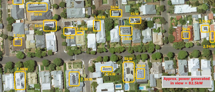 Aerial photo of houses in a suburban setting overlaid with estimates of the possible solar power generation of available roof space.