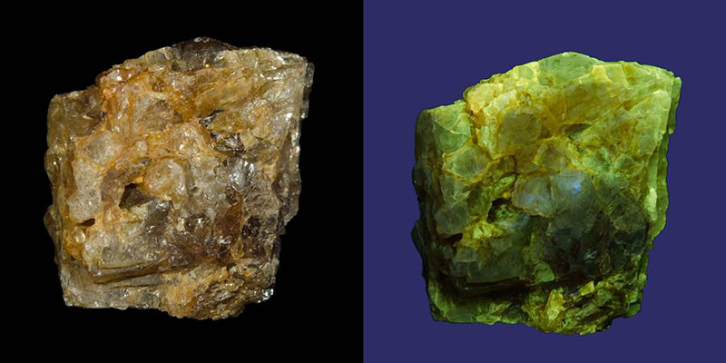 Two images of the same uncut zircon crystal. One image is the zircon appears glassy white with brown and orange sections and in the other the zircon appears green and yeloow. The second image has been taken under UV light.