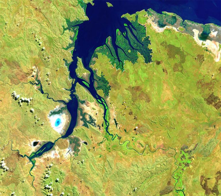 Satellite image showing earths land and water progression