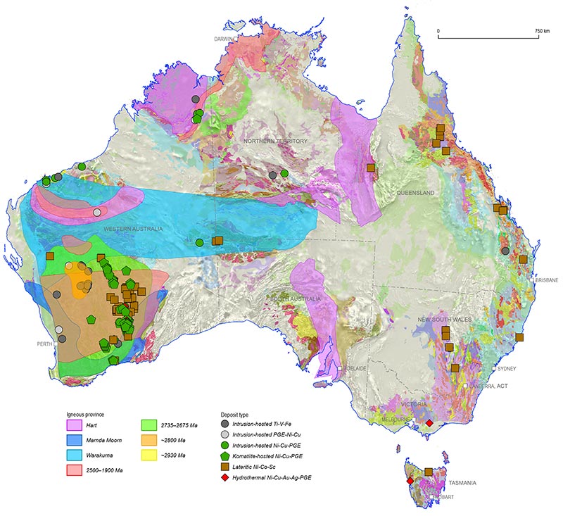 Figure 1.5.1 This figure illustrates the locations of significant mineral deposits associated with mafic magmatism relative to the extent of mineralised large igneous provinces. These locations are presented on a base composed of a transparent surface geology over reduced-to-pole aeromagnetic data. For more information contact clientservices@ga.gov.au.