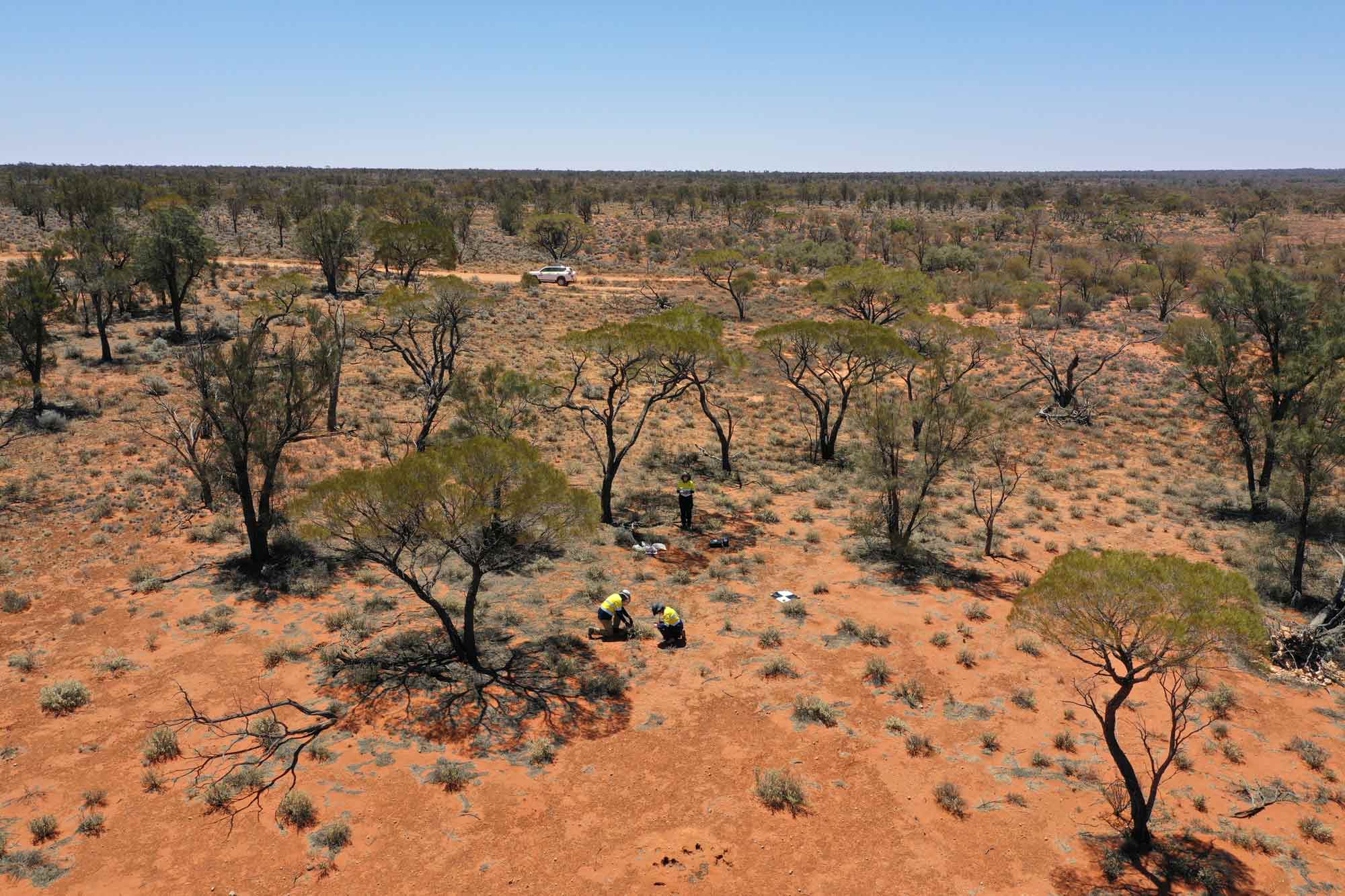Photograph showing a dry, sparsely vegetated landscape with scattered trees and two people working on the ground near the centre. A white vehicle is parked in the background, highlighting a remote fieldwork or research activity in an arid environment.