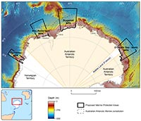 The four proposed Marine Protected Areas from east to west are the D'Urville Sea - Mertz MPA, Drygalski MPA, Mac.Robertson MPA and the Gunnerus MPA.