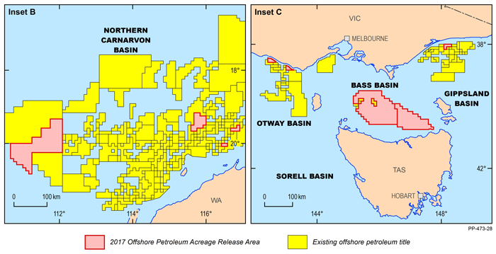 Offshore areas released for petroleum exploration as part of the 2017 acreage release, including map insets focussing on north-west Australia and area offshore from Victoria and in the Bass Strait.