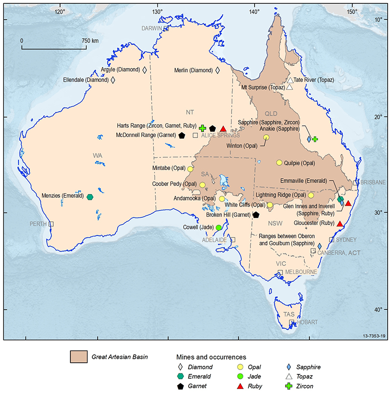 A map of Australia showing the location of gem deposits and mines including zircons