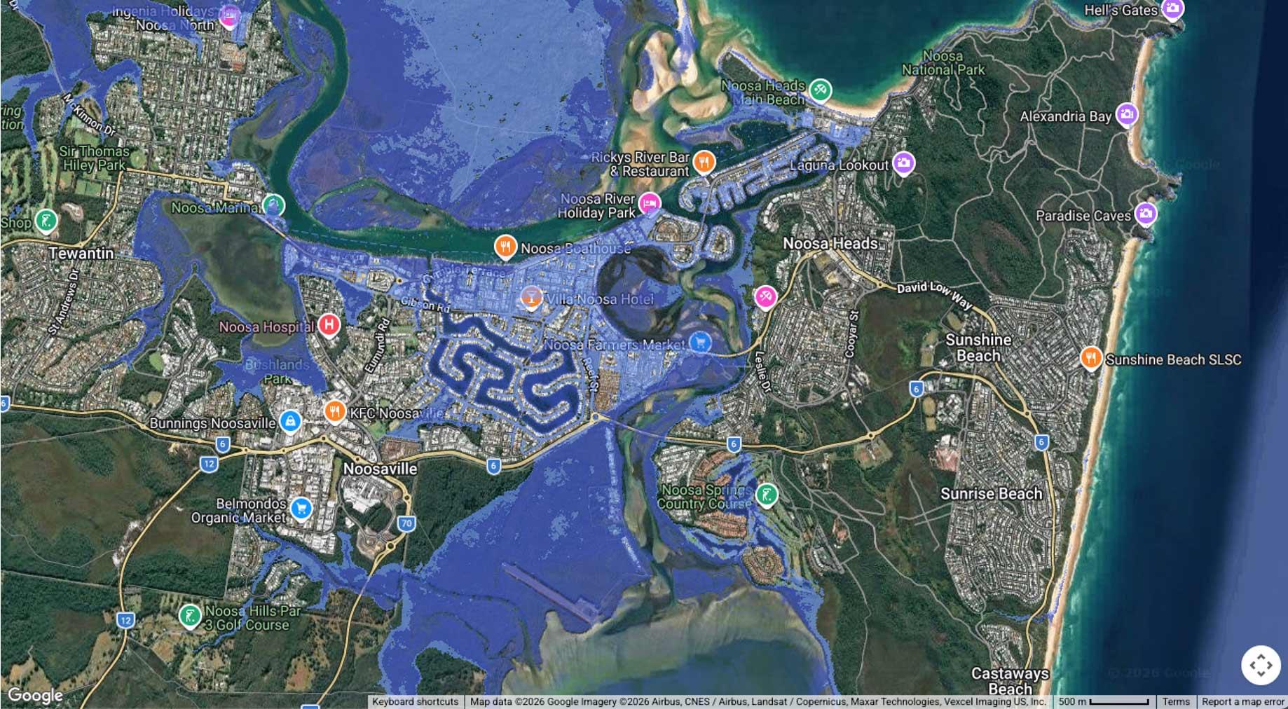 Map of the Noosa region showing areas potentially inundated under a projected sea level rise scenario, overlaid on high-resolution satellite imagery