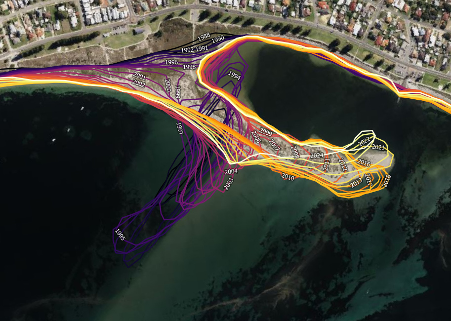 Satellite imagery showing shoreline positions at Tern Island from 1988 to 2024, illustrating long-term coastal erosion and deposition