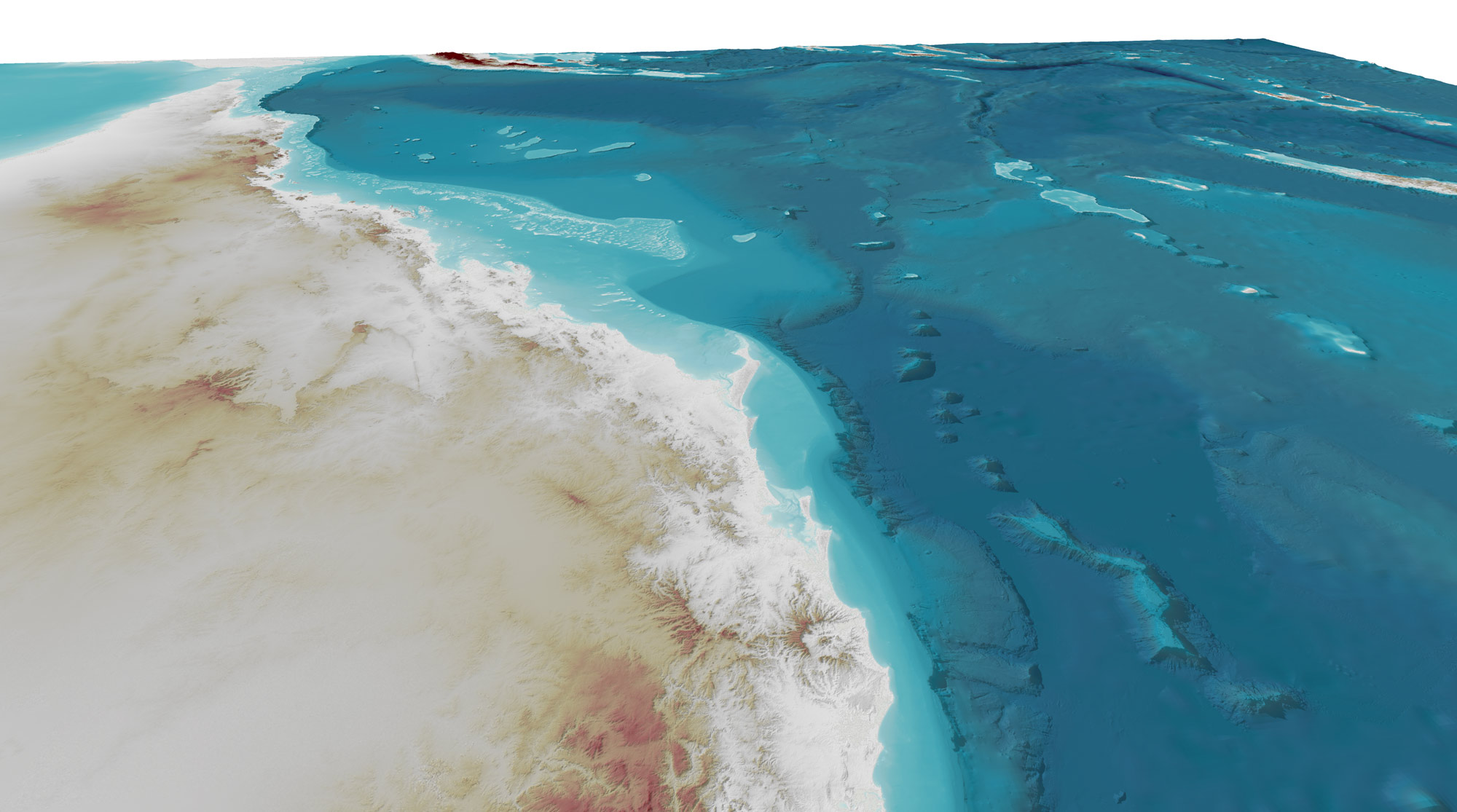 Oblique 3D view of the Queensland coast showing coastal topography, continental shelf and adjacent seabed bathymetry