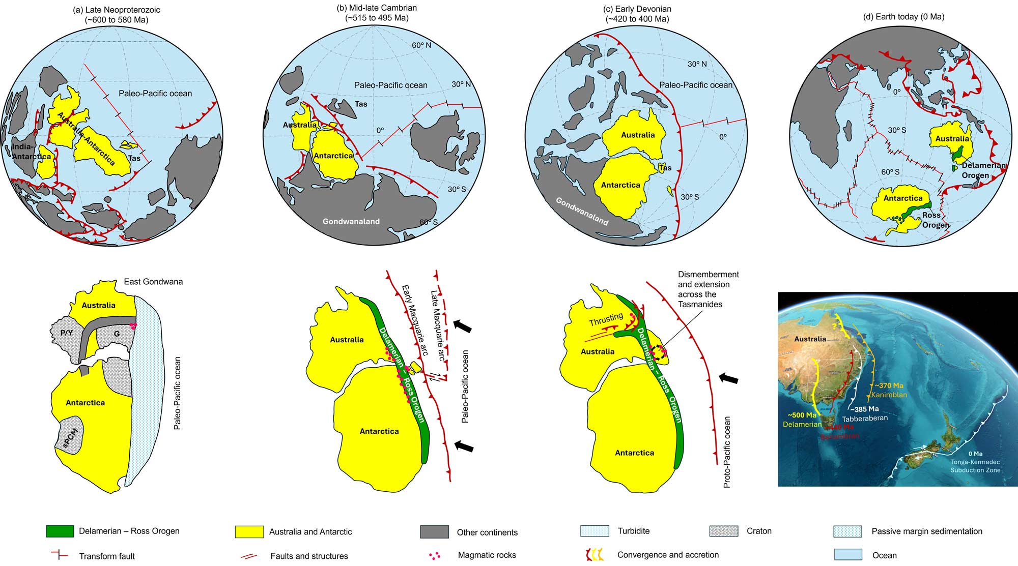 Series of paleogeographic reconstruction maps showing changes in the Delamerian–Ross Orogen through geological time, illustrating its tectonic evolution.