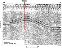 Black and white seismic image, with lines indicating rock layers