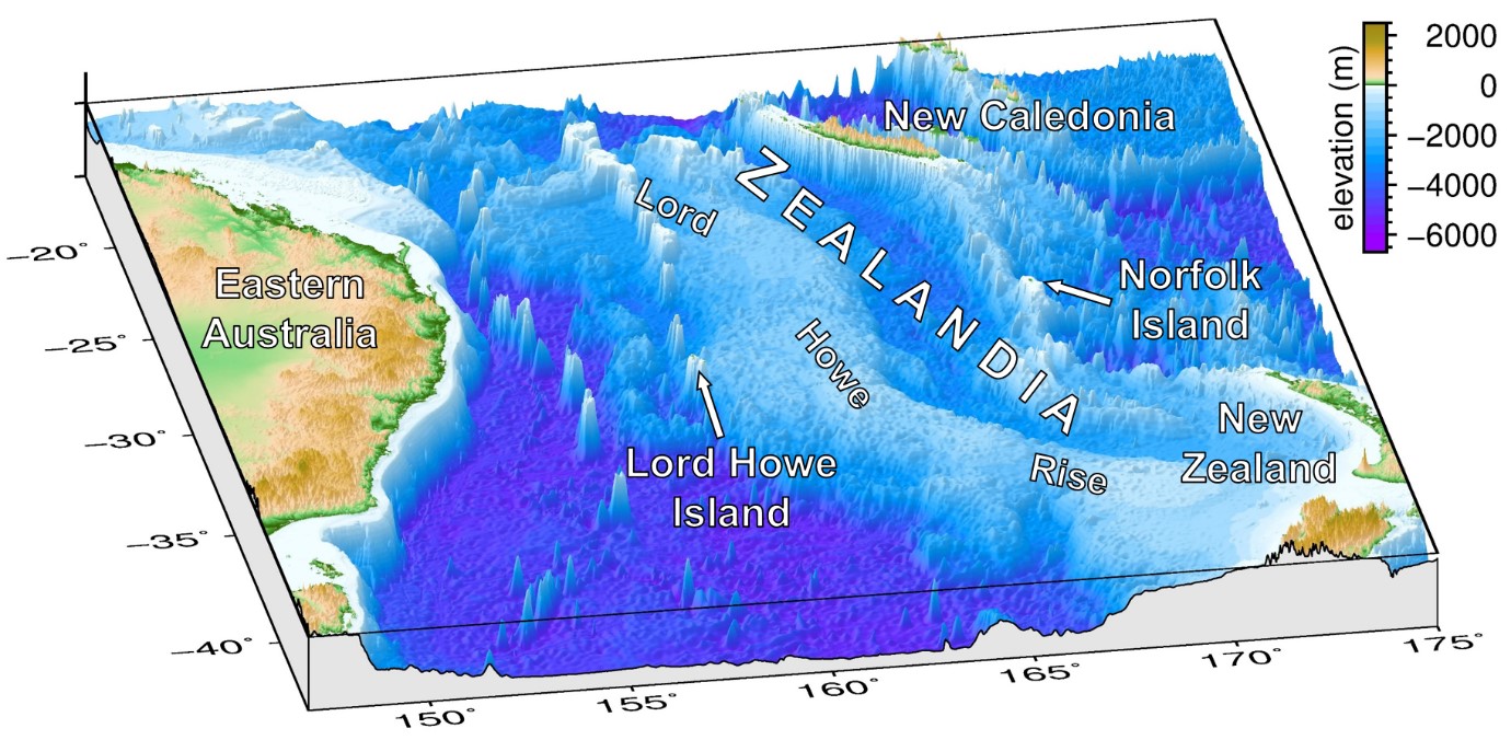 Map of northern Zealandia, a fragment of continental crust submerged in the region between Australia, New Zealand and New Caledonia.