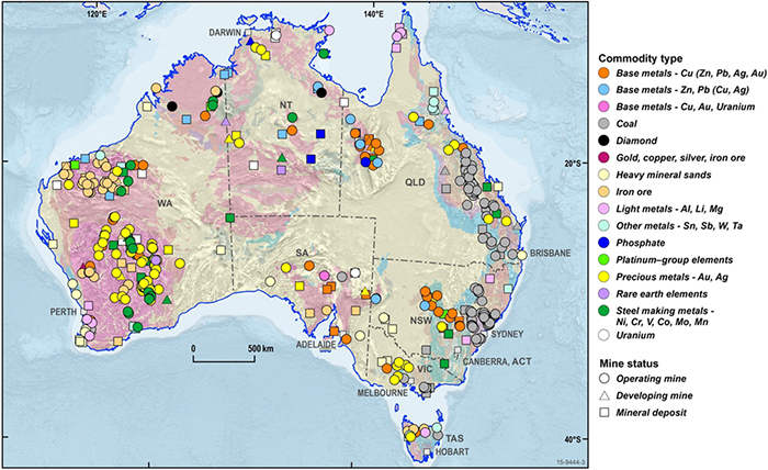 Map of Australia indicating where the major minerals deposits are