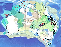 This figure illustrates the Neoproterozoic to Cenozoic sedimentary basins in Australia, showing locations of coal (black), oil (blue) and gas (red) resources. For more information contact clientservices@ga.gov.au.
