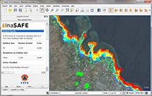 Screen capture of a tsunami impact assessment generated using the InaSAFE software with colours showing differing levels of potential flooding and impact on buildings.