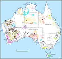Map of Australia showing all of the 74 magmatic events. Archean events are coloured in browns and yellows, Proterozoic events in pinks and reds and Phanerozoic events are in blues and greens. There are large blank areas on the map in northern-central Western Australia, central and southern Queensland and in central NSW represent major sedimentary basins. It is highly likely that mafic-ultramafic rocks occur in the crust beneath these basins.