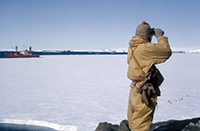 Geologist inspects Antarctic sea ice using binoculars. A ship surrounded by sea ice can be seen in the background.