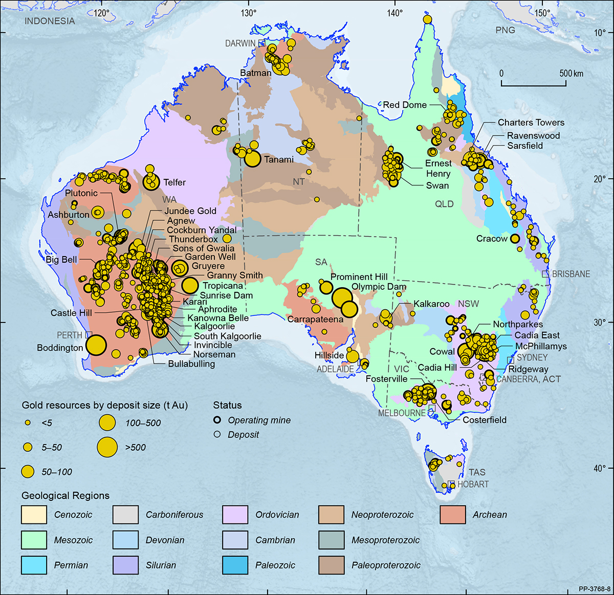A map showing the Australian continent shaded by the ages of the main geological provinces highlighting the geographical distribution of Australian gold deposits and operating mines in 2019.