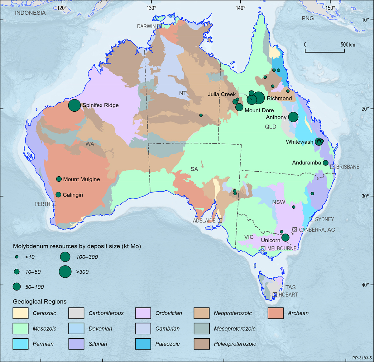 A map showing the Australian continent shaded by the ages of the main geological provinces highlighting the geographical distribution of Australian molybdenum deposits in 2019.