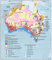 Map of Australia showing major energy resources including identified petroleum, coal, tidal, wave, wind, solar and geothermal resources. Excludes hydro and bioenergy resources.