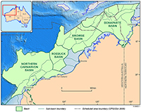 Map of north-western Australia. The Northern Carnarvon, Roebuck, Browse and Bonaparte sedimentary basins are highlighted in green