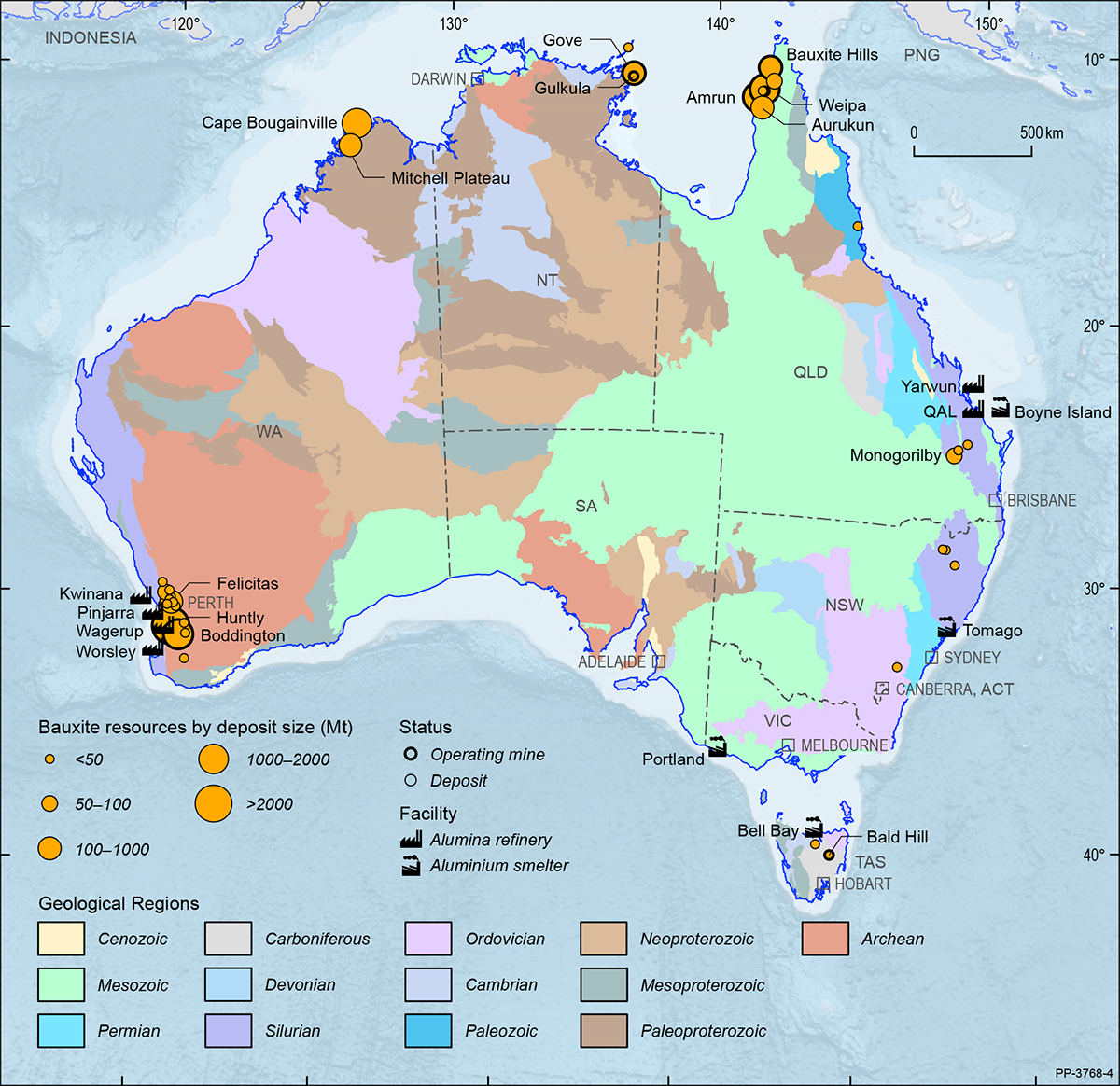 A map showing the Australian continent shaded by the ages of the main geological provinces highlighting the geographical distribution of Australian bauxite deposits, operating mines, alumina refineries and aluminium smelters in 2019. 