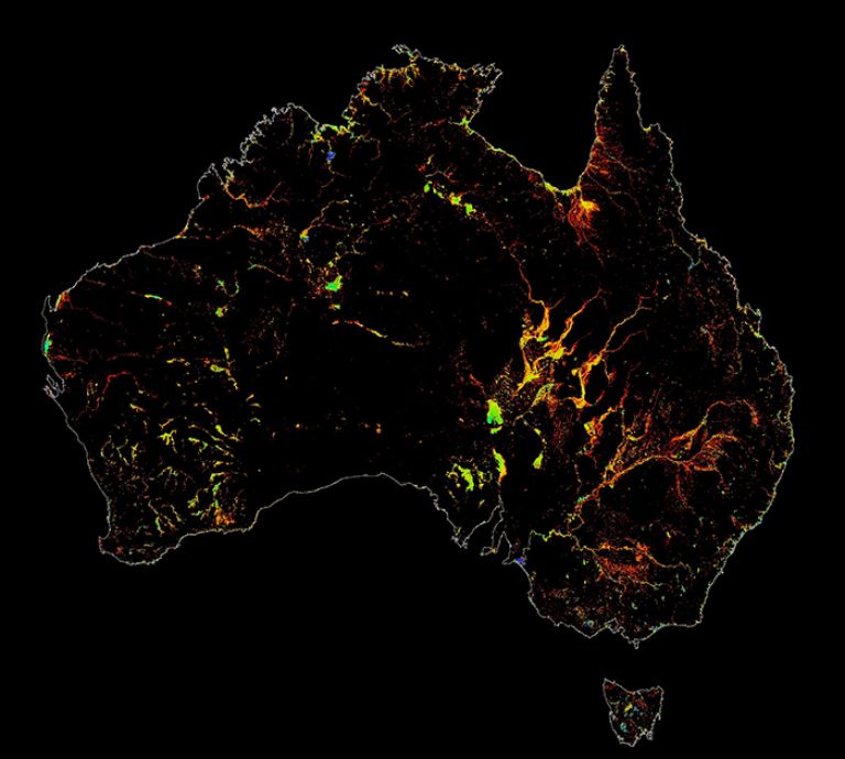  Image of the whole Australian continent showing the WOfS water summary layer, with colours indicating where and how often surface water has been observed between 1987 and present day